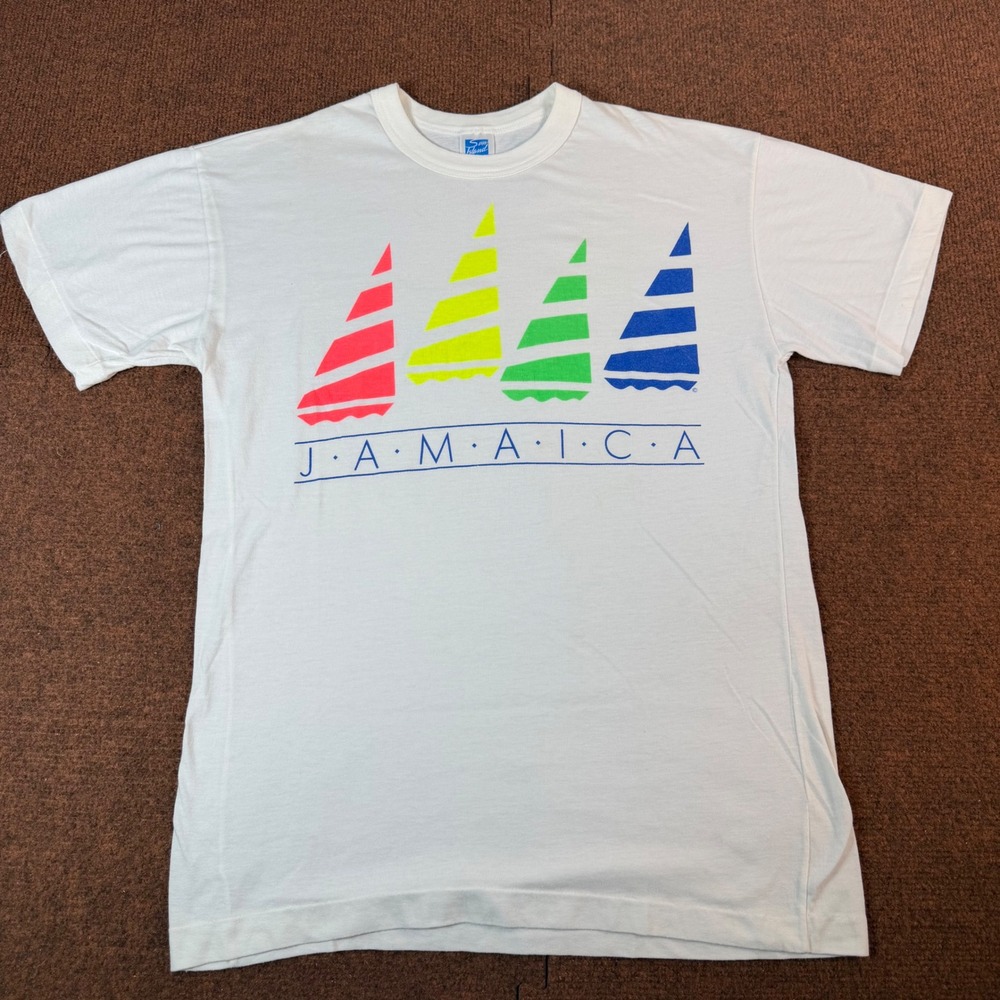 Sun Island Jamaica T Shirt Mens XL White Neon Sailboat Graphic Souvenir 50/50